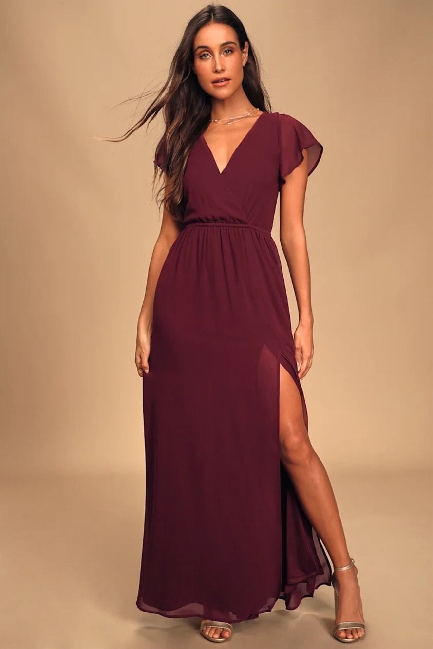 Lulu's Wine V-Neck Maxi Dress with Side Slit
